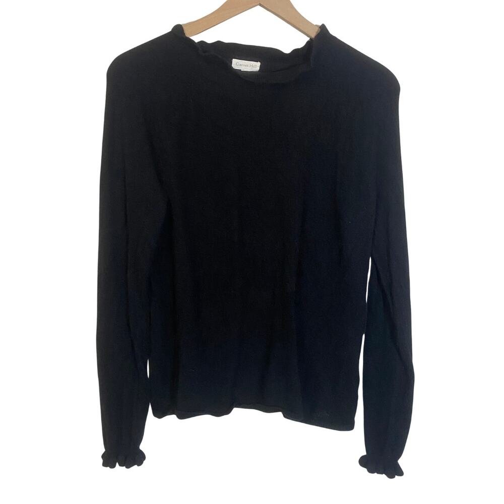 Garnet Hill 100% Cashmere Black Ruffle Accent Sweater Fuzzy Knit Sz M